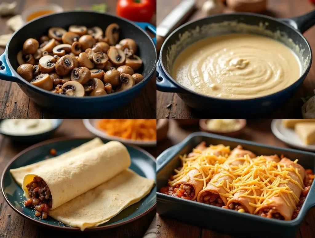 Step-by-step preparation of cream of mushroom enchiladas.