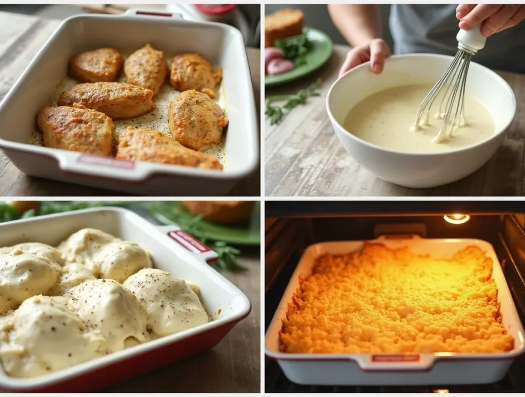 Step-by-step preparation of angel chicken casserole showing seasoned chicken, creamy sauce, and assembly.