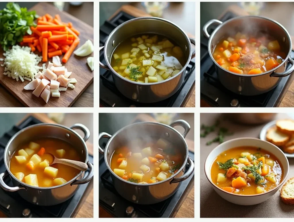 Step-by-step preparation of busy day soup, showing chopped vegetables, cooking the ingredients, and final serving.