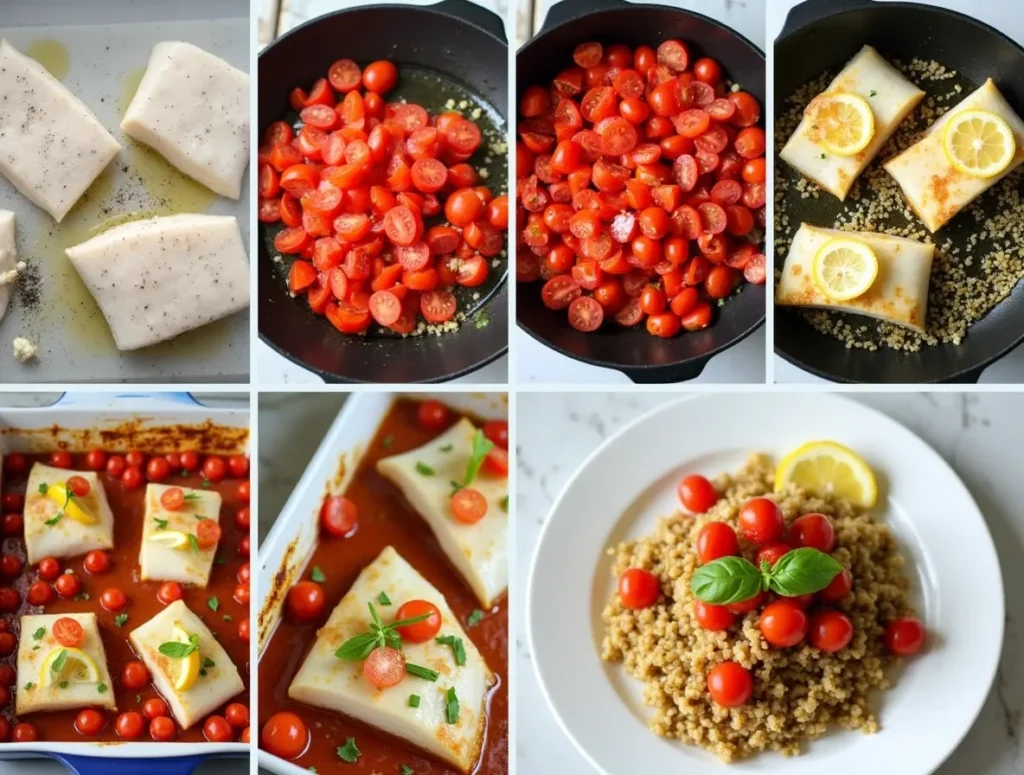 Step-by-step preparation of Halibut with Tomatoes, including seasoning, garlic, and tomato prep