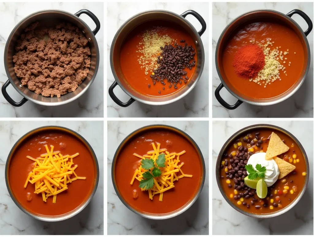 Step-by-step preparation of taco soup with ingredients like ground beef, black beans, and tomatoes in a pot.