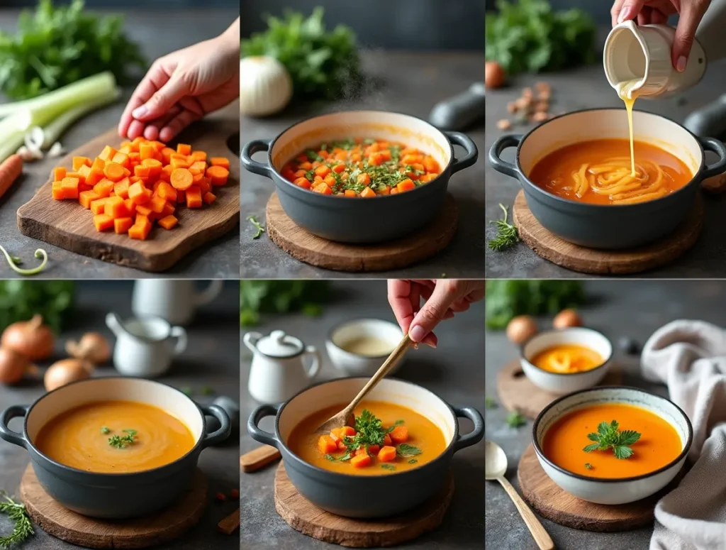 Step-by-step preparation of lazy day soup, showing chopped ingredients and simmering broth.