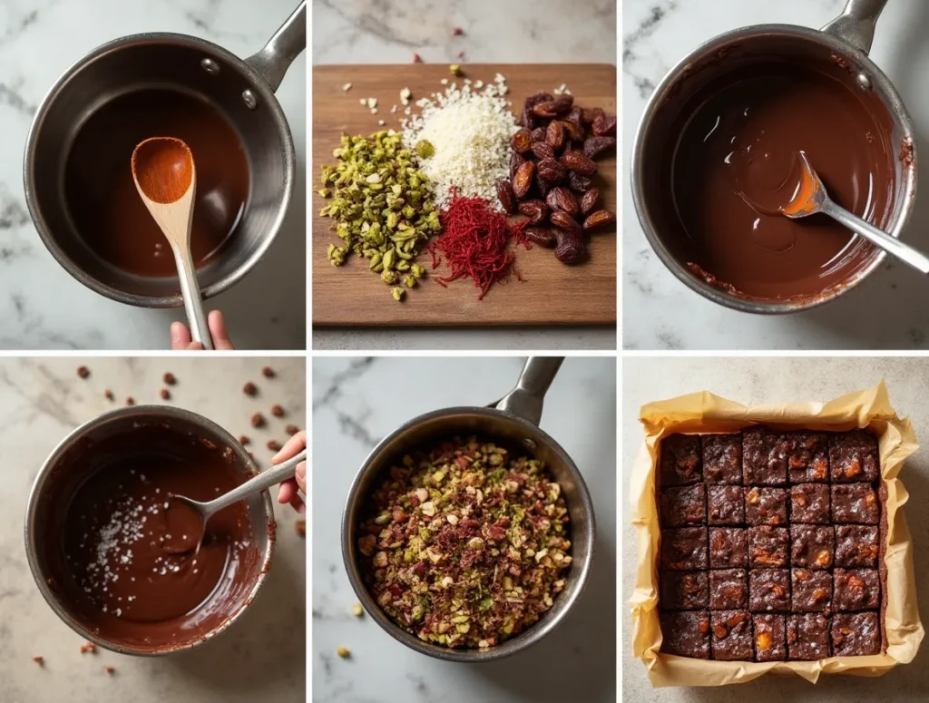 Step-by-step preparation of Dubai chocolate bar with dates and pistachios.