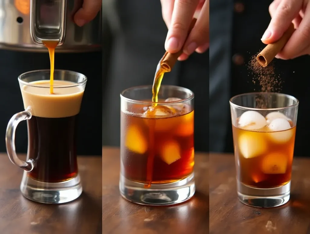 Step-by-step preparation of Carajillo cocktail showing espresso brewing, pouring Licor 43, stirring, and garnishing