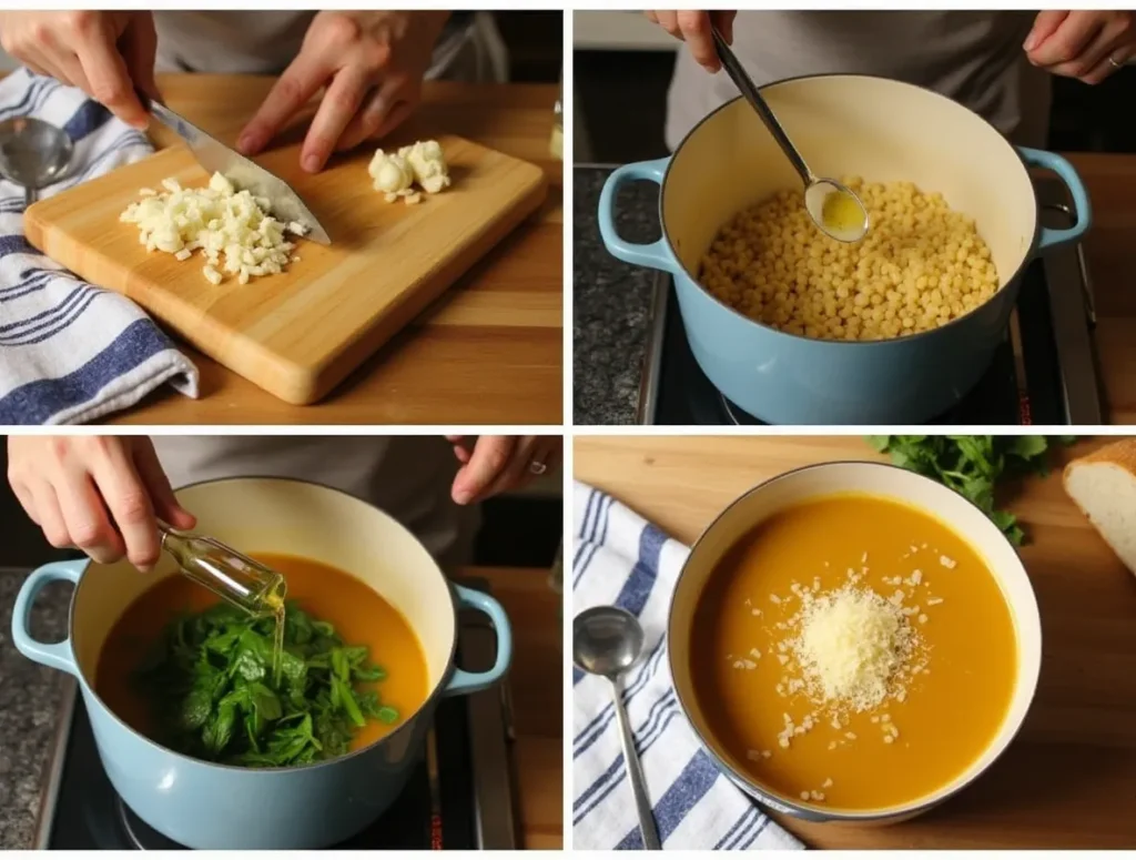 Cooking process of pastina soup, sautéing garlic and adding pasta