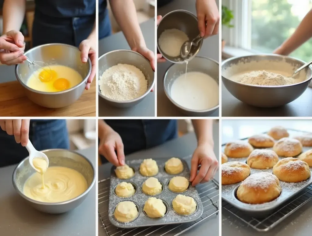 Step-by-step preparation of madeleine cookies: batter, greased pan, and chilled dough