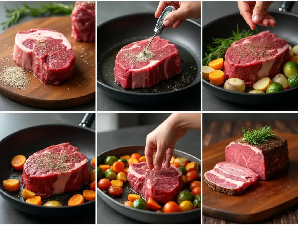 Step-by-step Ribeye Roast Recipe preparation: seasoning, searing, roasting, and slicing