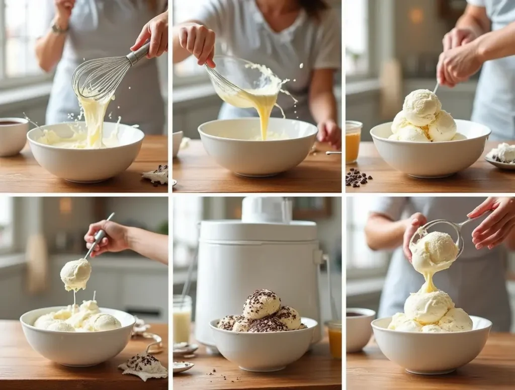 Step-by-step process of making homemade ice cream from scratch.