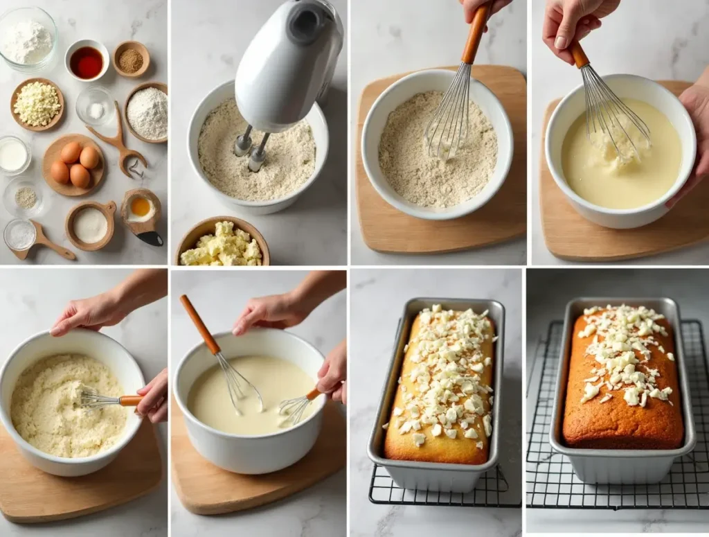 Step-by-step process of making white chocolate pound cake, from ingredients to decoration