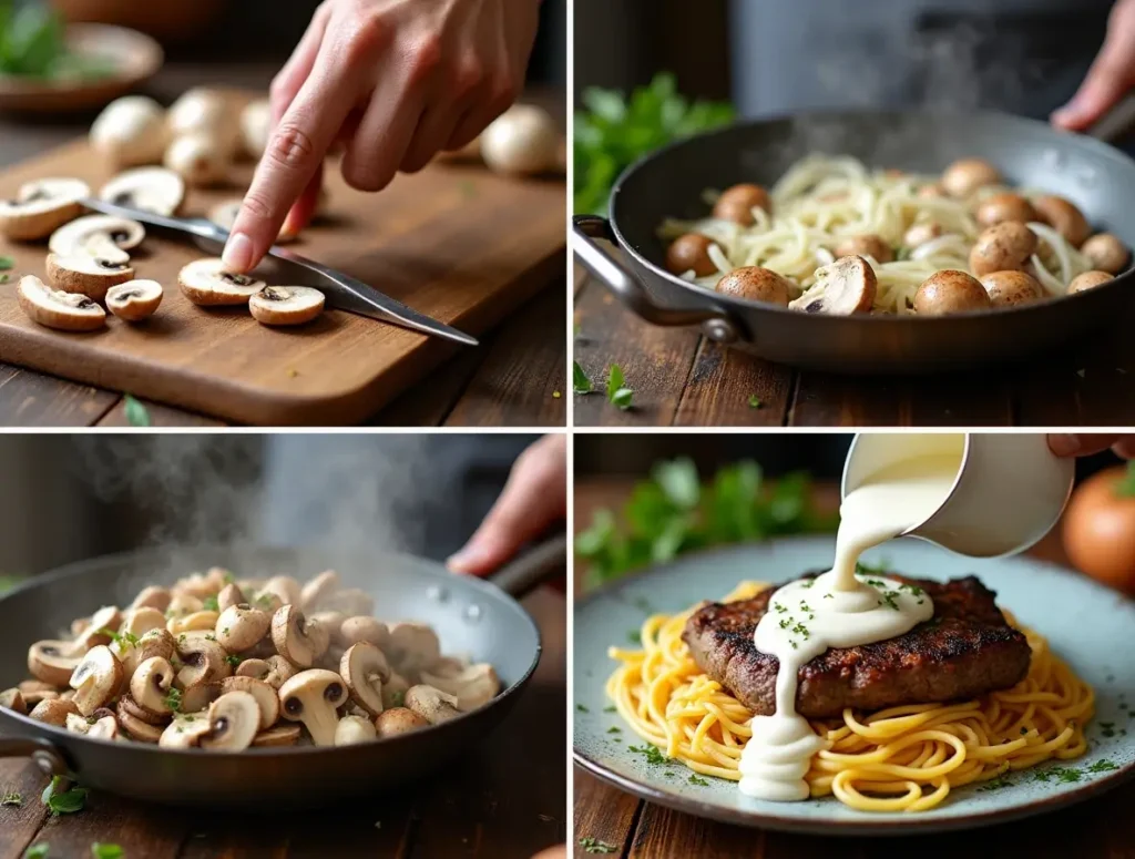 Step-by-step preparation of creamy sour cream mushroom sauce in a rustic kitchen