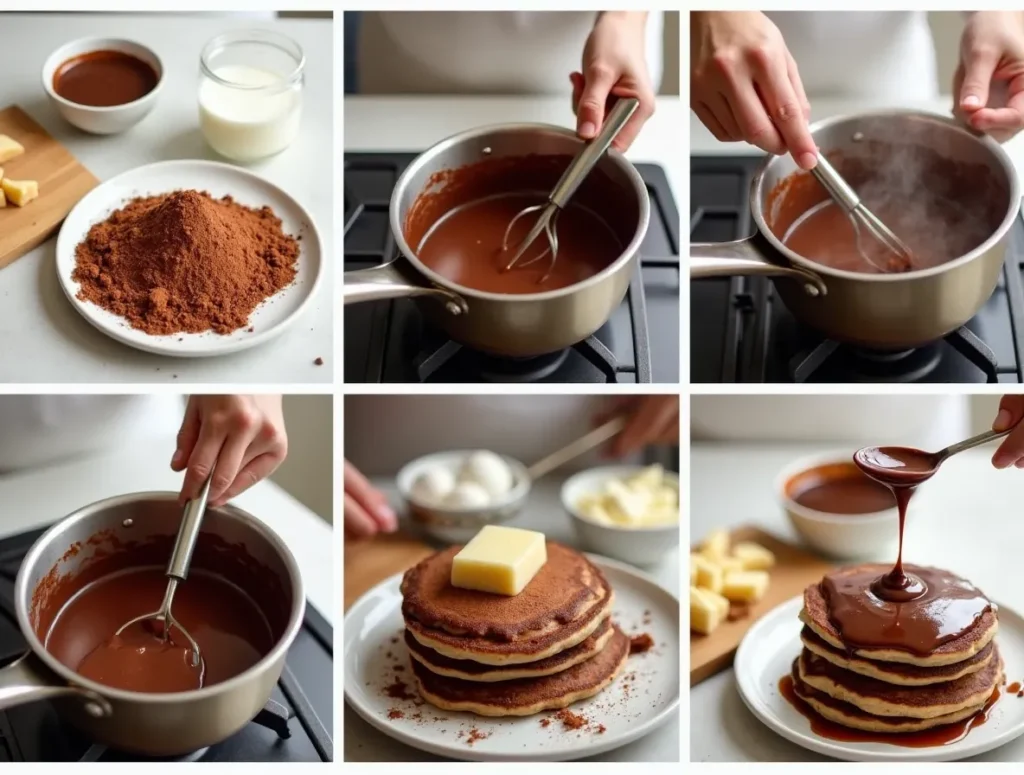 Step-by-step process of making chocolate sauce with cocoa powder