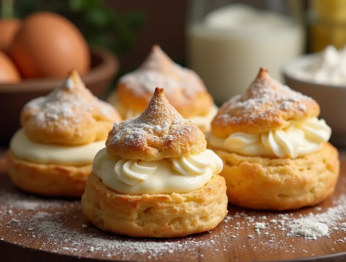 Delicious golden cream puffs filled with vanilla cream