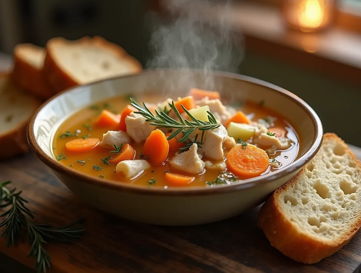 Turkey soup recipe in a bowl with vegetables and herbs