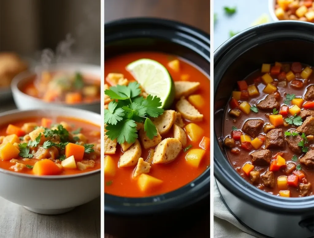 Flavorful chicken tortilla crockpot soup recipe served with cilantro and lime.