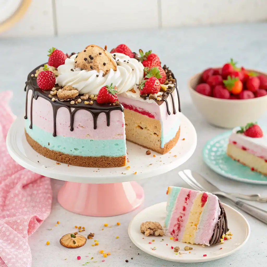 Delicious ice cream cake with colorful layers