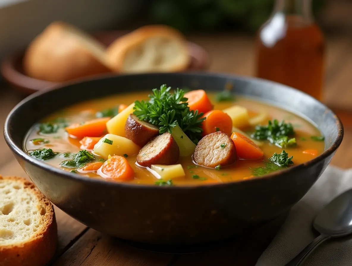 Bowl of hearty swamp soup with vegetables and chicken, served with crusty bread.