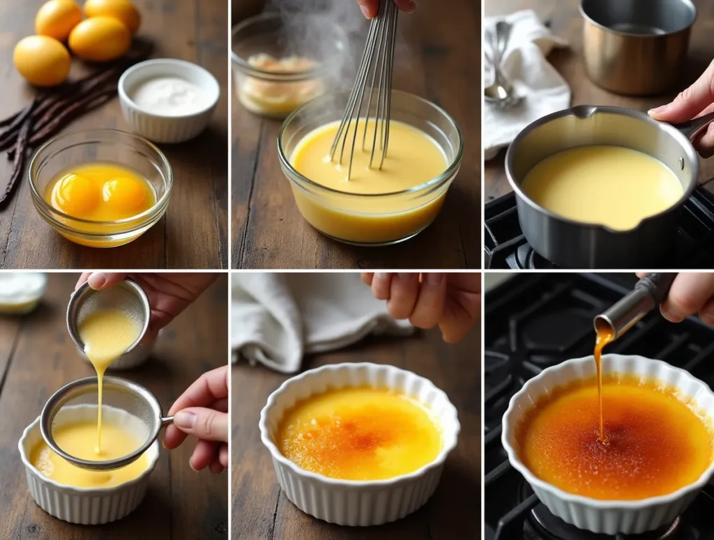 Preparing crème brûlée ingredients step by step.