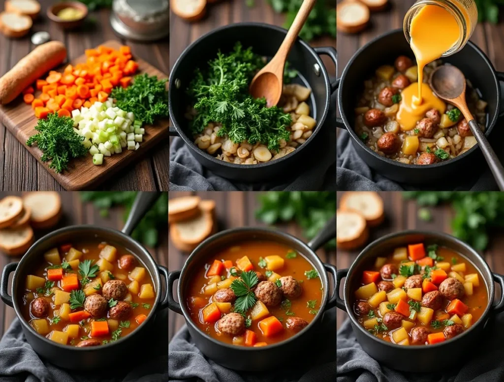 Step-by-step swamp soup preparation: Chopping vegetables, sautéing ingredients, adding broth