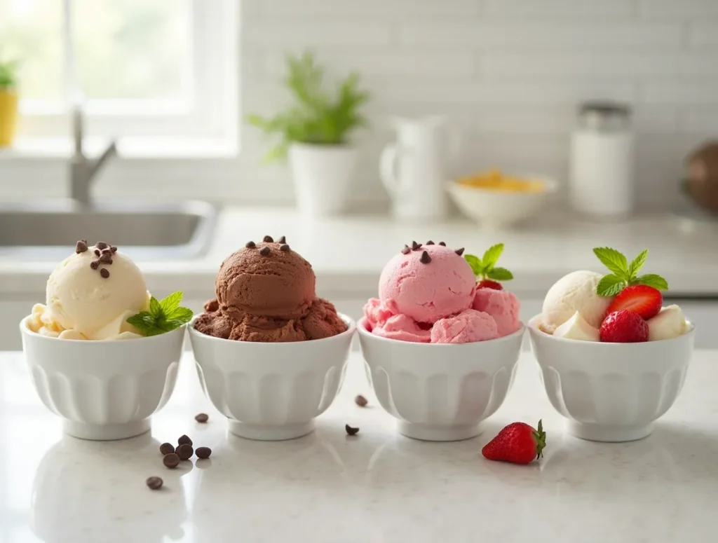 Strawberry sorbet and coconut frozen yogurt made with Cuisinart ice cream recipes